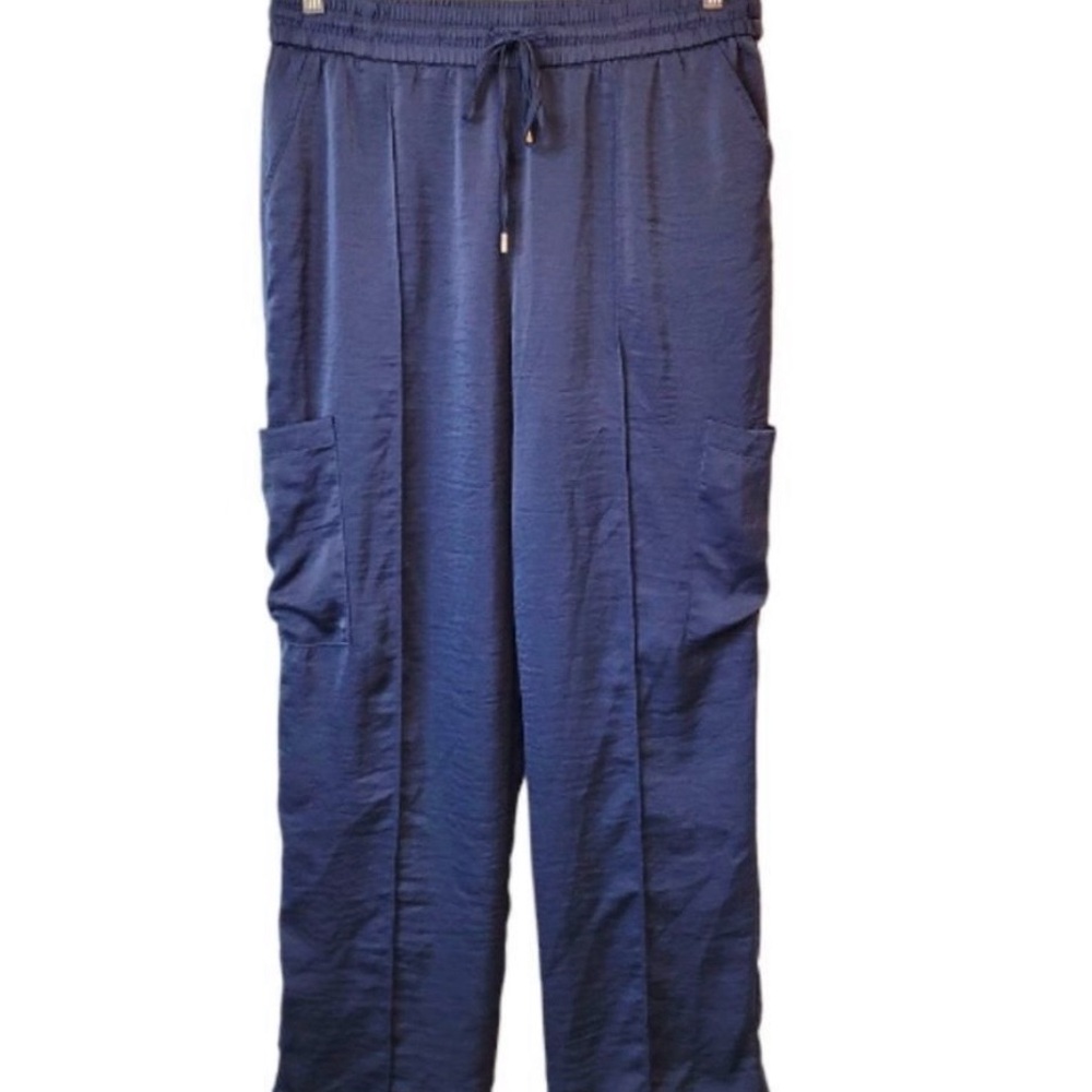 Anthropologie Skies Are Blue Navy Satin Cargo Pants